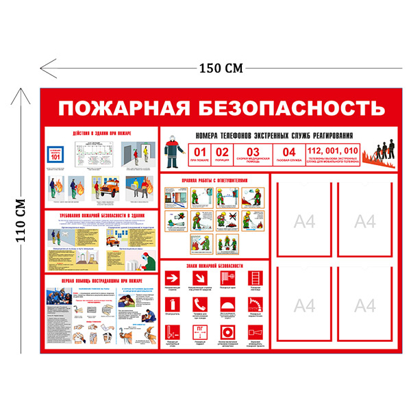 Стенд Пожарная безопасность 110х150см (4 кармана А4 + 6 плакатов)
