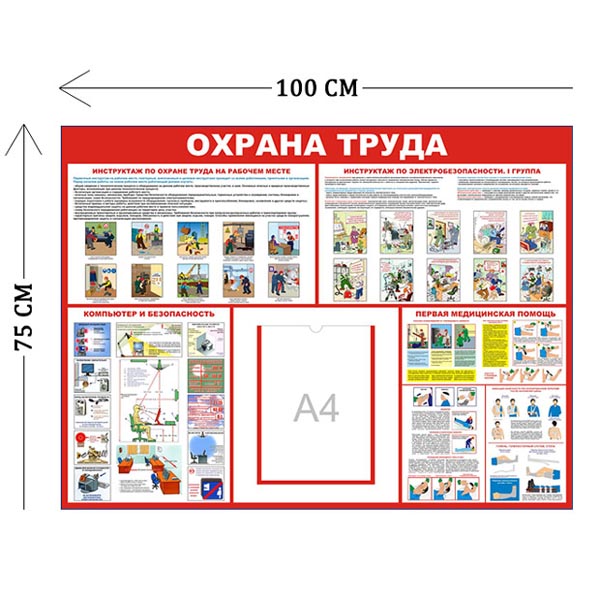 Стенд Охрана труда 100х75см (1 карман А4 + 4 плаката)