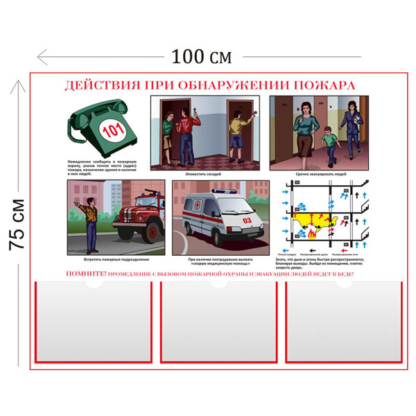 Стенд Действия при пожаре 75х100см (3 кармана А4 + 1 плакат)